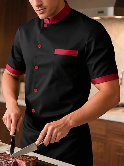 Manfinity Homme Men's Colorblock Trim Front Button Short Sleeve Chef Shirt