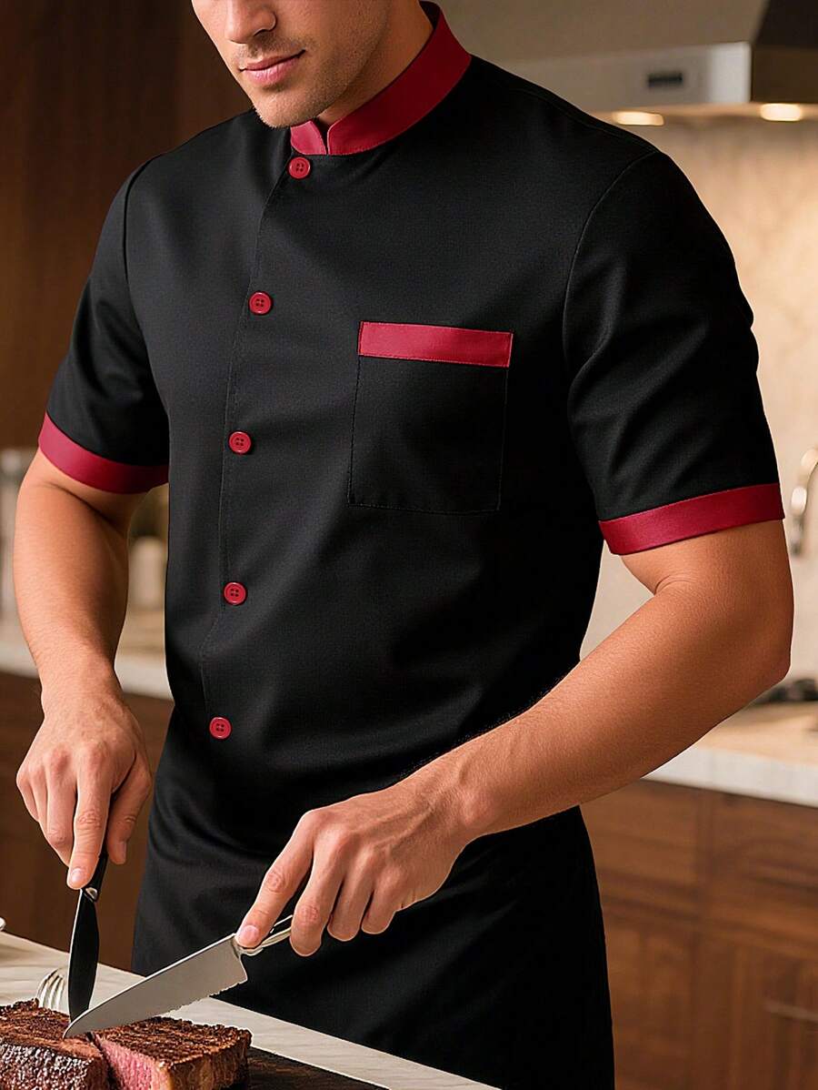 Manfinity Homme 男式拼色饰边前扣短袖厨师衬衫 - 黑色 - 查看 1