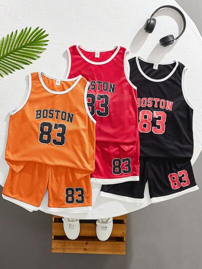 SHEIN Leap Crew 6件套青少年男孩透气运动字母印花背心和短裤套装