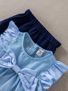 PrepCrw Toddler Girls Preppy Style Bow Decor Blue Stripe T-Shirt & Shorts 2pcs Set,Navy Blue,Summer,Cute,Vacation,Holiday School Uniform Outfits - Blue and White - View 3
