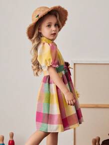 PrepCrw Vestido camisa con cinturón con estampado de cuadros de colores para niña, estilo escolar