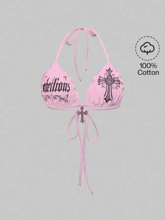Goth Bikini superior con cuello de halter con estampado de cruz gótica, decoración de rhinestones, estilo Y2K