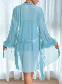 SHEIN 2pcs Set: Fishbone Design Waist Lace Camisole Nightgown & Wide Sleeve Tulle Robe - Baby Blue - View 2