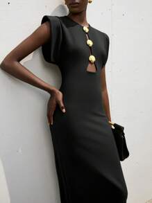 Aveloria Modichic Women's Hollow Metal Buckle Waist Exaggerated Shoulder Dress - Black - View 7