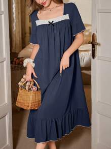 SHEIN 女士休闲蕾丝拼布方领泡泡袖宽松长款睡袍，Moo Moo - 藏蓝色 - 查看 5