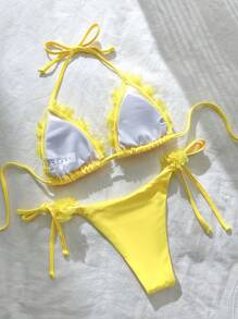 Swim Mod Solid Color Patch Halter Knotted Bikini Swimsuit For Summer Beach Vacation - Yellow - View 3