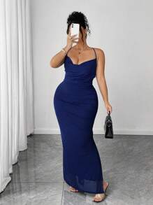 Cravure 大码女式复古性感网眼高开叉抽绳连衣裙 - 藍色 - 查看 4