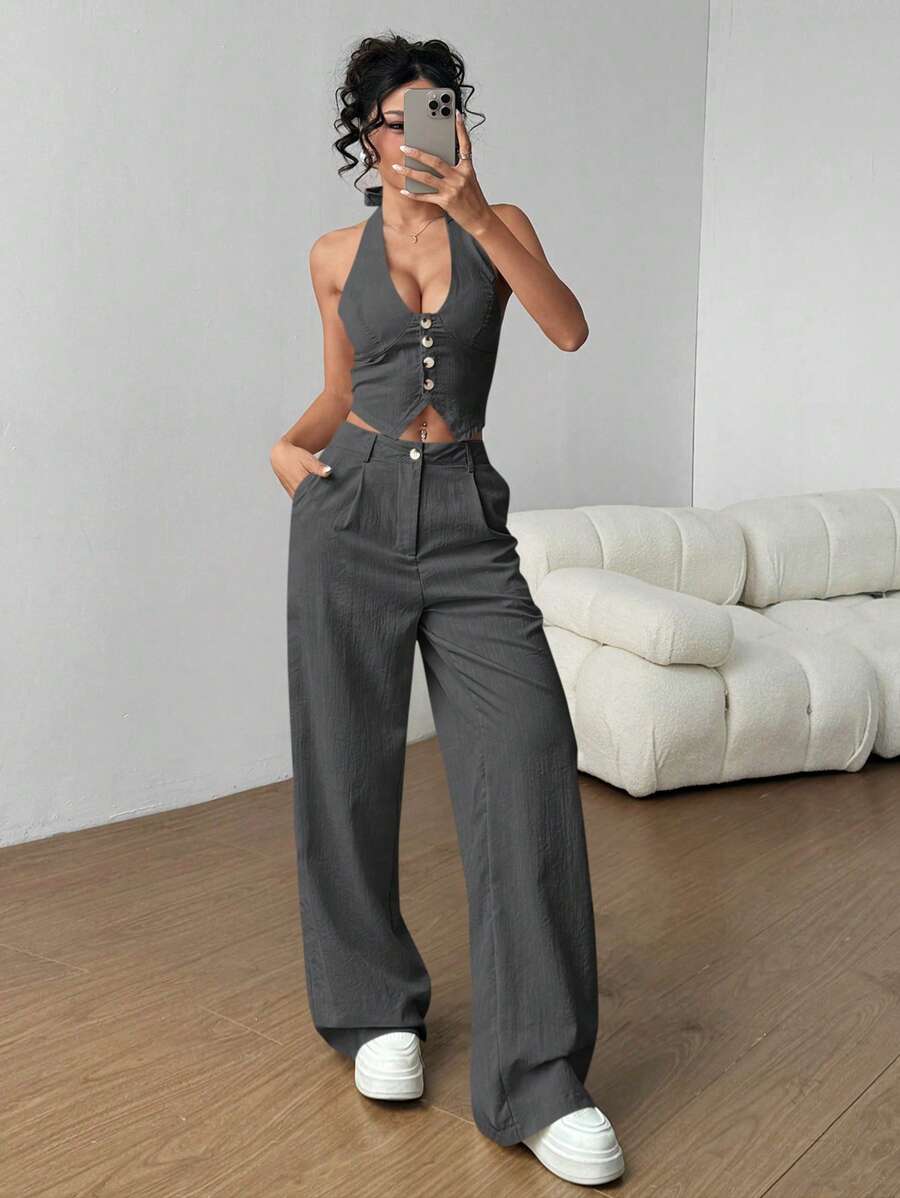 SHEIN PETITE Women Two Pieces Outfits For Daily Wear - Dark Grey - View 1