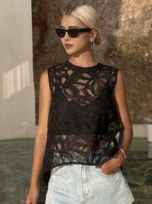 DAZY 女士无袖蕾丝提花欧根纱上衣，适合海滩度假 - 黑色 - 查看 3