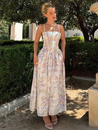 Glamine 女式刺绣花卉印花细肩带长裙，配腰带，优雅浪漫风格，适合外出、派对、度假、夏季