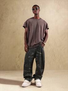 SUMWON 涂鸦印花宽松牛仔裤涂鸦艺术图案长裤都市街头宽松牛仔裤 - 黑色 - 查看 2