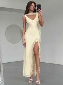 Aloruh 浪漫优雅的女士高开衩连衣裙，深 V 领设计，金属扣露背绑带，杏色