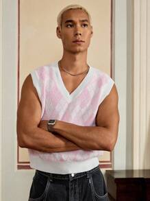 Manfinity VCAY 1 件男士 Y2K 服装趣味休闲高街复古风格粉色针织上衣返校秋季服装万圣节服装无袖毛衣粉色上衣男士粉色上衣