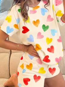 SHEIN Leap Crew 彩色手绘心形印花，适合夏季女童休闲简约圆领短袖短裤睡衣，可爱清新童装风格 - 彩色 - 查看 4