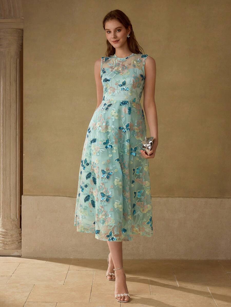 MOTF PREMIUM EMBROIDERY CONTRAST MESH COCKTAIL DRESS