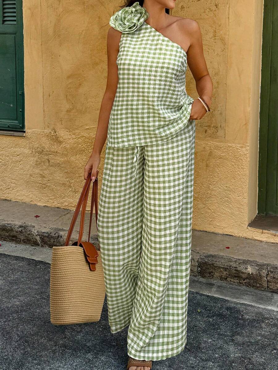 SHEIN LUNE 大码两件套格子斜肩上衣和裤子，夏季时尚 - 彩色 - 查看 1