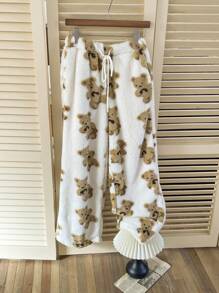 SHEIN EZwear بنطلون مستقيم ذو خصر مشدود بطباعة الدبب المنفر للنساء