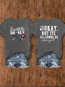 Glissea 女士休闲图案 T 恤 - “I'm Okay” 和 “Beautifully Broken” 字母印花，圆领，短袖，可机洗，黑色，四季皆宜 T 恤 | 背部印花衬衫 | 玫瑰图案设计，女士 T 恤 - 深灰色 - 查看 1