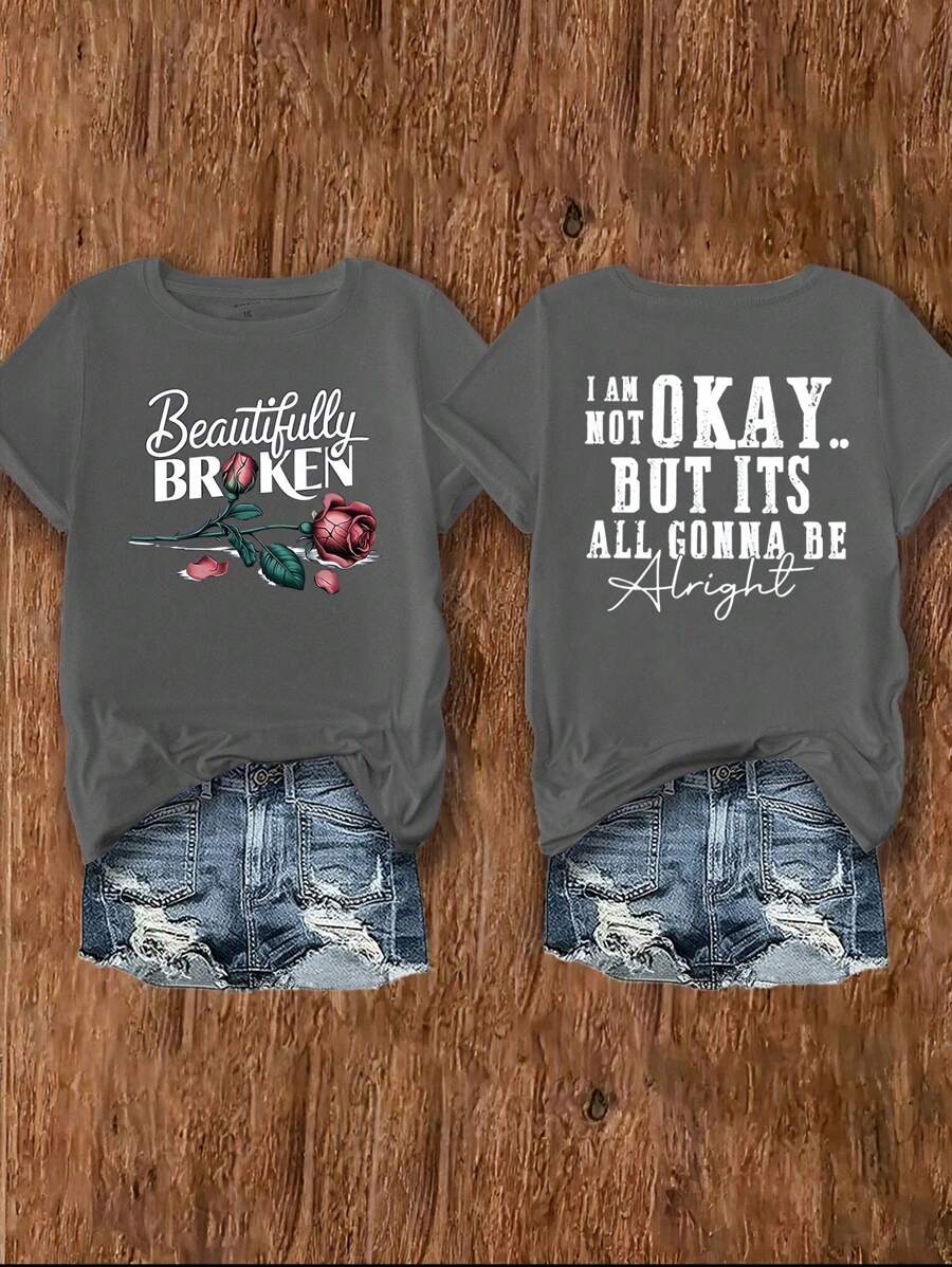 Glissea 女士休闲图案 T 恤 - “I'm Okay” 和 “Beautifully Broken” 字母印花，圆领，短袖，可机洗，黑色，四季皆宜 T 恤 | 背部印花衬衫 | 玫瑰图案设计，女士 T 恤 - 深灰色 - 查看 1
