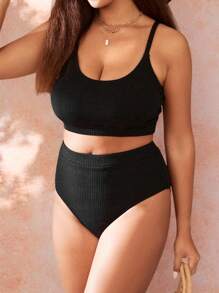 Swim Vcay Summer Beach Plus Size Solid High Waisted Bikini Set