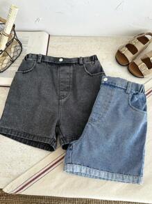 SHEIN 3 件套青少年女孩夏季休闲水洗牛仔短裤，简单百搭，适合居家、休闲和日常穿着，可与任何衣服搭配 - 彩色 - 查看 7