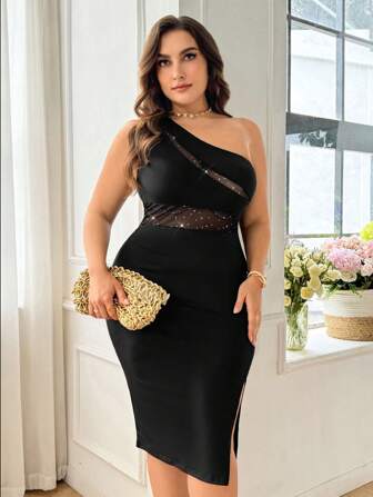 SHEIN Privé Plusstorlek Elegant Notchkrage Semesterchic Afternoon Tea Något Sexig Dejt Musikfestival Fest INS-stil Damklänning i Svart Mesh med Splice Shoulder och Bodycon Midiklänning, Lämplig för Alla hjärtans dag, Konsert, Fest, Lyxbankett, Bal, Bröllopssäsong, Sexig, Elegant, Pendling, Tillbaka till skolan, Semester, Strand, Sjöjungfrustil, Kontorsdam, Födelsedagsfest