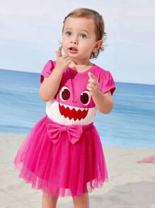 BABY SHARK X SHEIN 女婴卡通鲨鱼印花可爱休闲短袖T恤搭配粉色薄纱蝴蝶裙 - 粉色 - 查看 8