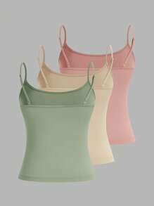 SHEIN EZwear 3 件套浅绿色、浅粉色、浅黄色女士吊带短款上衣，性感修身，适合夏季 - 彩色 - 查看 2