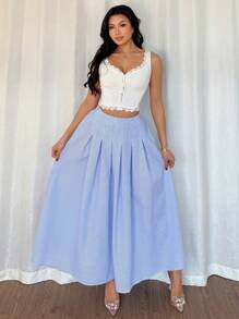 Chiquease 女式休闲条纹印花褶皱喇叭裙，春夏 - 藍色 - 查看 6