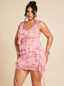 SHEIN BAE 粉红玫瑰花朵，复杂层次的水母，海带，荷叶边丝带，浪漫优雅的派对，约会，度假，吊带背心，不对称裙装套装，夏季外出，7 月 4 日，7 月 4 日服装，阵亡将士纪念日，毕业典礼，工作/办公室，度假服装，女士工作办公室服装，海滩度假服装，优雅，女士性感俱乐部服装，女士两件套 - 粉色 - 查看 4