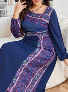 Al Najma Vestido de estilo árabe con diseño asimétrico de estampado, talla grande, modesto