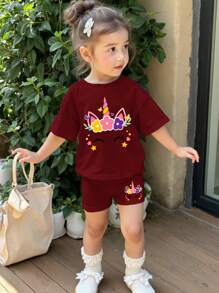 SHEIN 女婴休闲简约短袖短裤套装，适合夏季