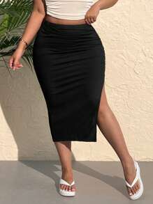 CovetEZ 夏季高腰褶皱开叉大腿裙