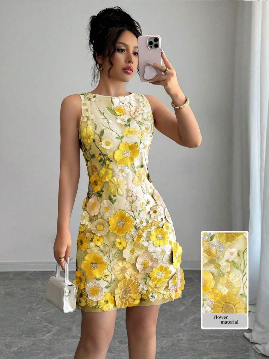 Rafferiza 女士圆领无袖优雅花卉紧身迷你裙 - 黃色 - 查看 1
