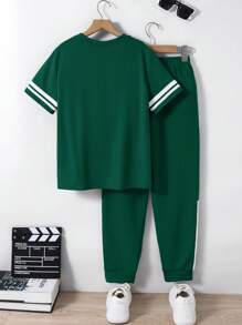 SHEIN Set de 2 piezas de camiseta de manga corta con cuello redondo estriado y pantalón hasta el tobillo con estampado versátil informal para niños y preadolescentes