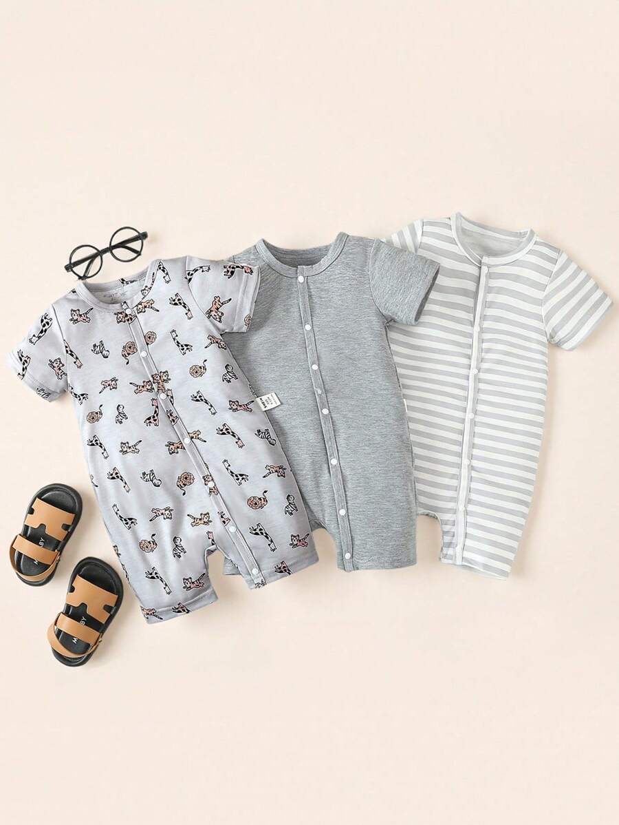 SHEIN Em bé Con trai Sành điệu Giải trí In sọc Romper Bộ Của 3 Đối với Mùa xuân/Mùa hè - Màu Xám nhạt - Xem 1