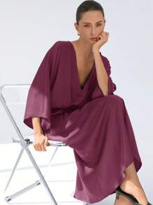 Aveloria Modichic 橄榄绿色优雅舒适缎面纹理宽松深V领百褶腰中长袖连衣裙 - 紫色 - 查看 6