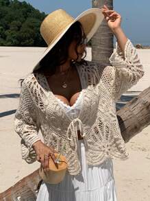 DAZY Boho Vacation Style Crochet Hollow Out Knitted Cardigan For Women, Spring/Summer, Tie Front Crop Top, Fall Cruise - Beige - View 5