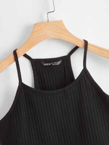 SHEIN EZwear 羅紋針織挖背吊帶上衣 - 黑色 - 查看 4