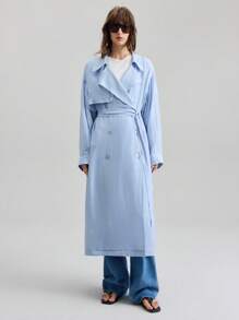 Ontre 2025 Autumn Women's Solid Color Double-Breasted Trench Coat, Casual Commuter, Loose & Comfortable, Unisex Business Casual Office Wear - Baby Blue - View 4