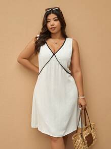 Elaquor 大码拼色V领收腰无袖连衣裙