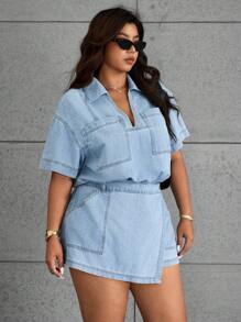 SHEIN ICON Áo khoác denim màu trơn cỡ lớn, thời trang cho mùa hè - Rửa nhẹ - Xem 4