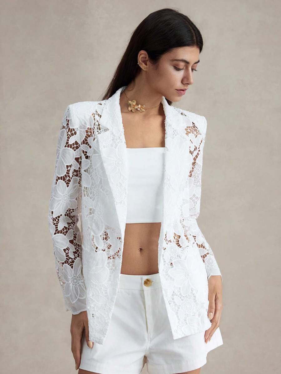 Briarwyn 女士优雅蕾丝镂空翻领长袖西装外套，夏季派对，七月四日机场