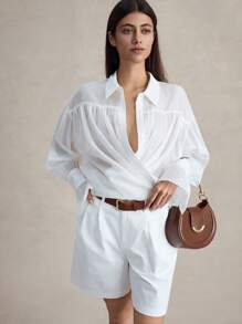 Briarwyn 女士纯色长袖褶皱单排扣宽松休闲/办公室衬衫秋季女装复古款商务休闲女装全白派对女士外出上衣女士度假女士飘逸上衣荷叶边 - 白色 - 查看 4