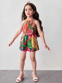 SHEIN 年轻女孩时尚碎花编织连体衣，圆领无袖连体衣 - 玫紅色 - 查看 4