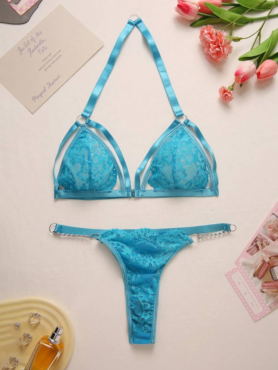 SHEIN Women's Front Closure Metal Chain Sheer Lace Lingerie Set For Going Out - Dusty Blue - View 1