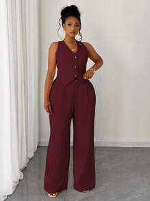 Maweii Conjunto de 2 piezas para mujeres de talla grande, chaleco corto de unicolor y pantalones anchos informales - Morado - Ver 4