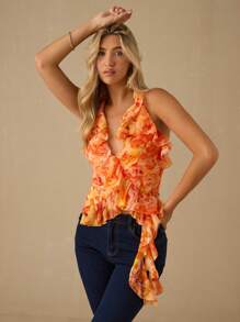 Enchnt Top casual de verano de mujer con volantes, cuello de halter y espalda descubierta con estampado total