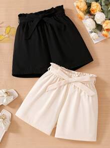 2pcs/Set Teen Girl Ruffle Waist Shorts, Spring/Summer - Multicolor - View 1