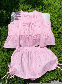 Comfortcana Women Plus Size Round Neck Striped Bow Decor 2pcs Set, Summer - Baby Pink - View 3